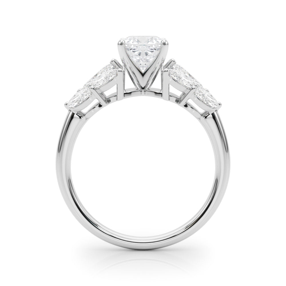 White gold Cushion Diamond Cluster Leaf Design Ring with Prong Setting