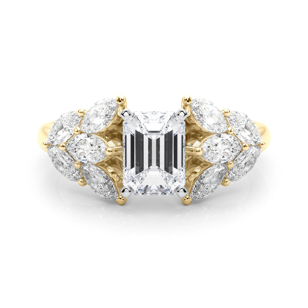 Yellow gold Radiant Diamond Cluster Leaf Design Ring with Prong Setting