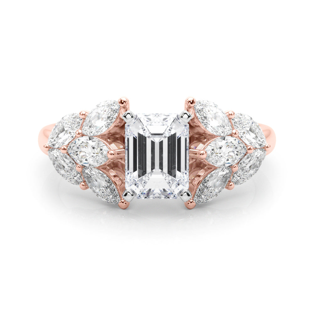 Rose gold Emerald Diamond Cluster Leaf Design Ring with Prong Setting