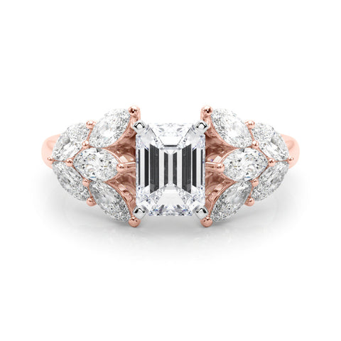 Rose gold Emerald Diamond Cluster Leaf Design Ring with Prong Setting