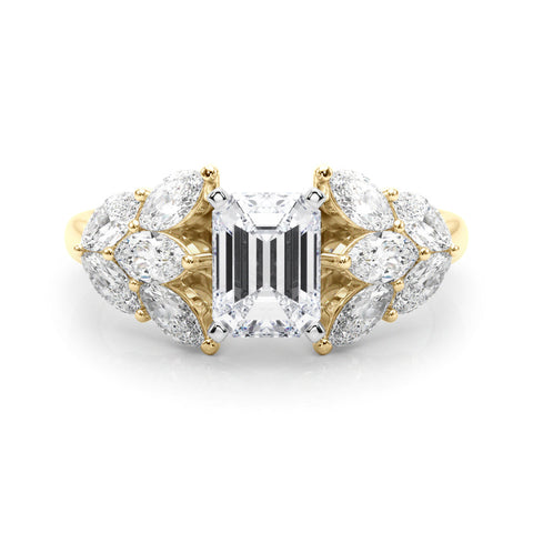 Yellow gold Radiant Diamond Cluster Leaf Design Ring with Prong Setting