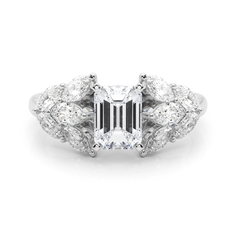 Platinum Radiant Diamond Cluster Leaf Design Ring with Prong Setting