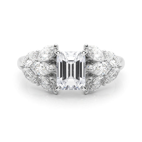 White gold Emerald Diamond Cluster Leaf Design Ring with Prong Setting