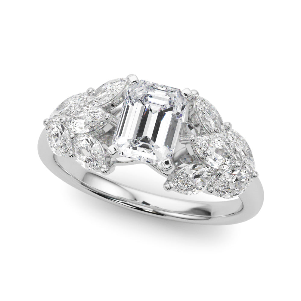 White gold Radiant Diamond Cluster Leaf Design Ring with Prong Setting