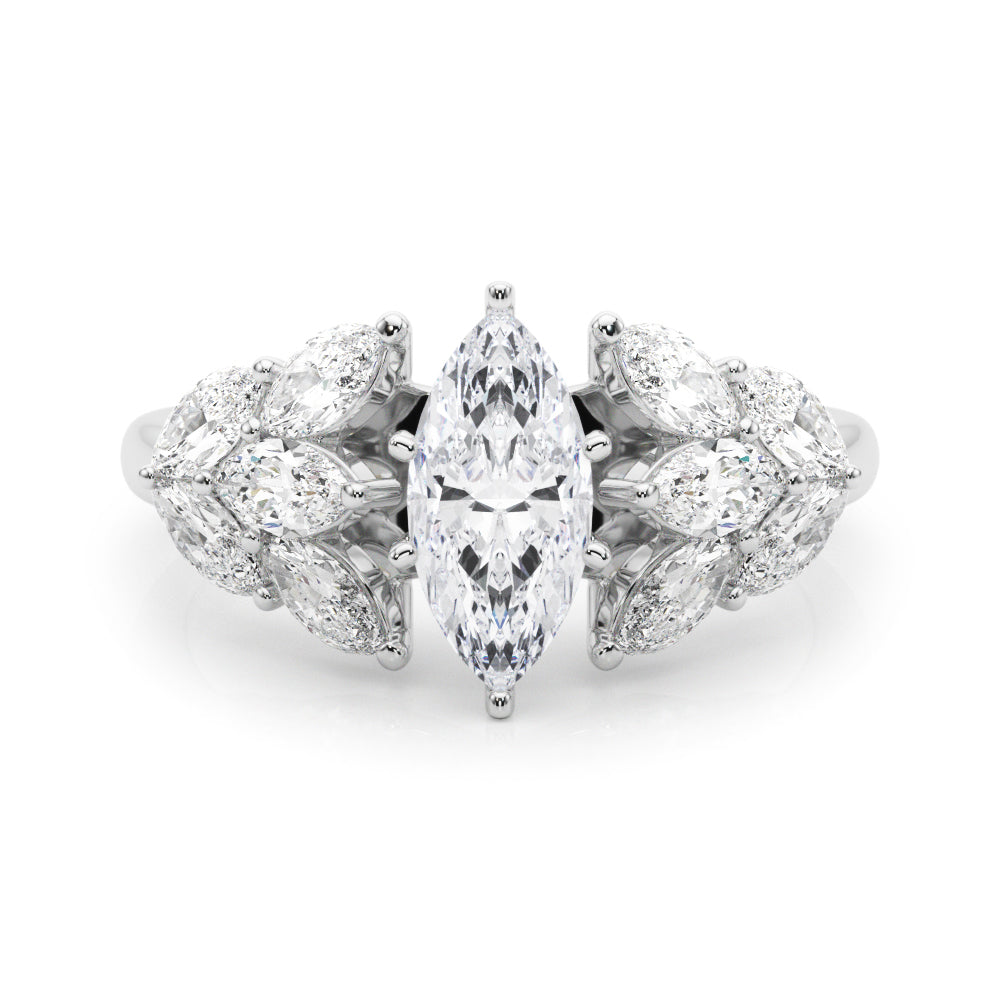 White gold Marquise Diamond Cluster Leaf Design Ring with Prong Setting