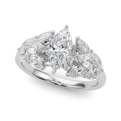 Silver Marquise Diamond Cluster Leaf Design Ring with Prong Setting