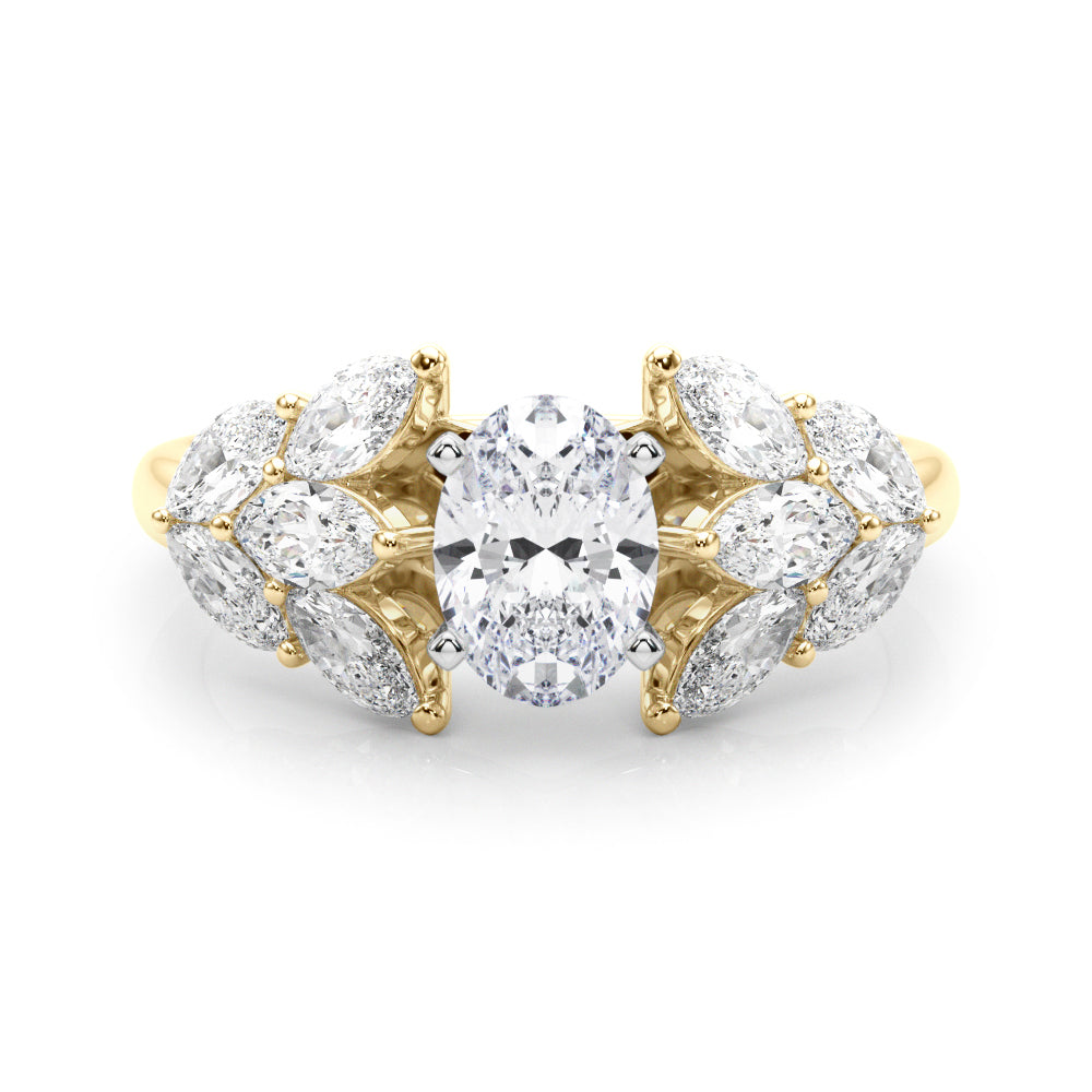 Yellow gold Oval Diamond Cluster Leaf Design Ring with Prong Setting