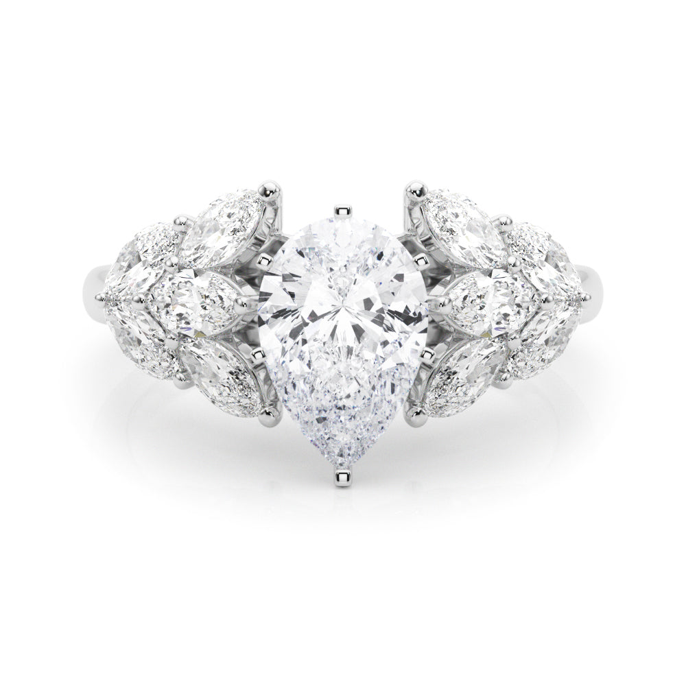 Silver Pear Diamond Cluster Leaf Design Ring with Prong Setting