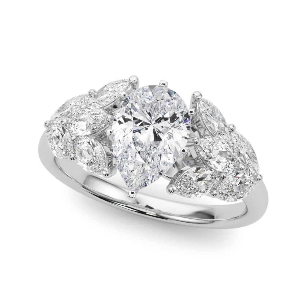 Silver Pear Diamond Cluster Leaf Design Ring with Prong Setting