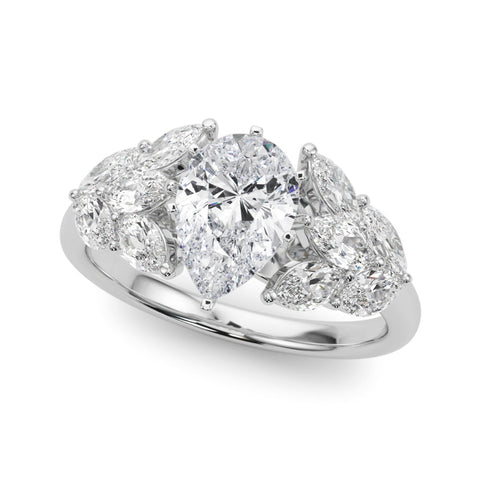 Silver Pear Diamond Cluster Leaf Design Ring with Prong Setting