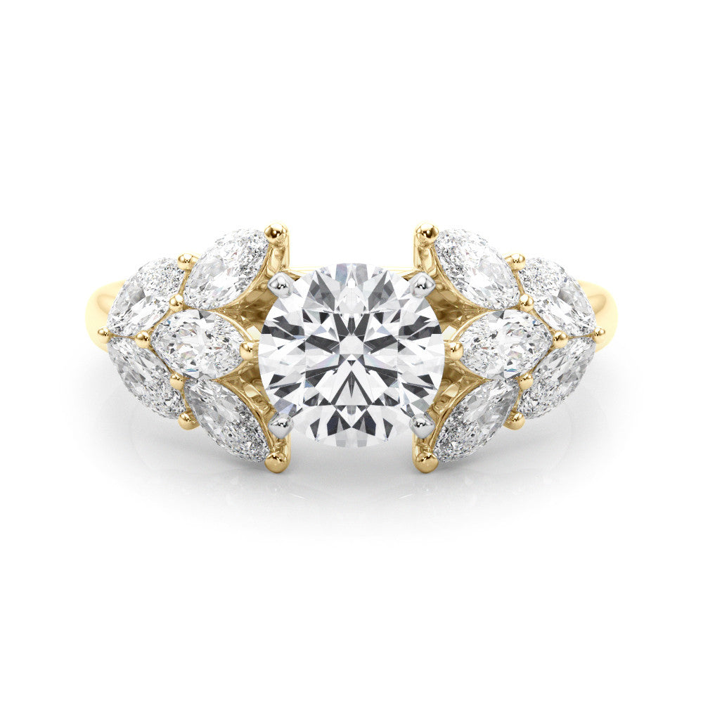Yellow gold Round Diamond Cluster Leaf Design Ring with Prong Setting