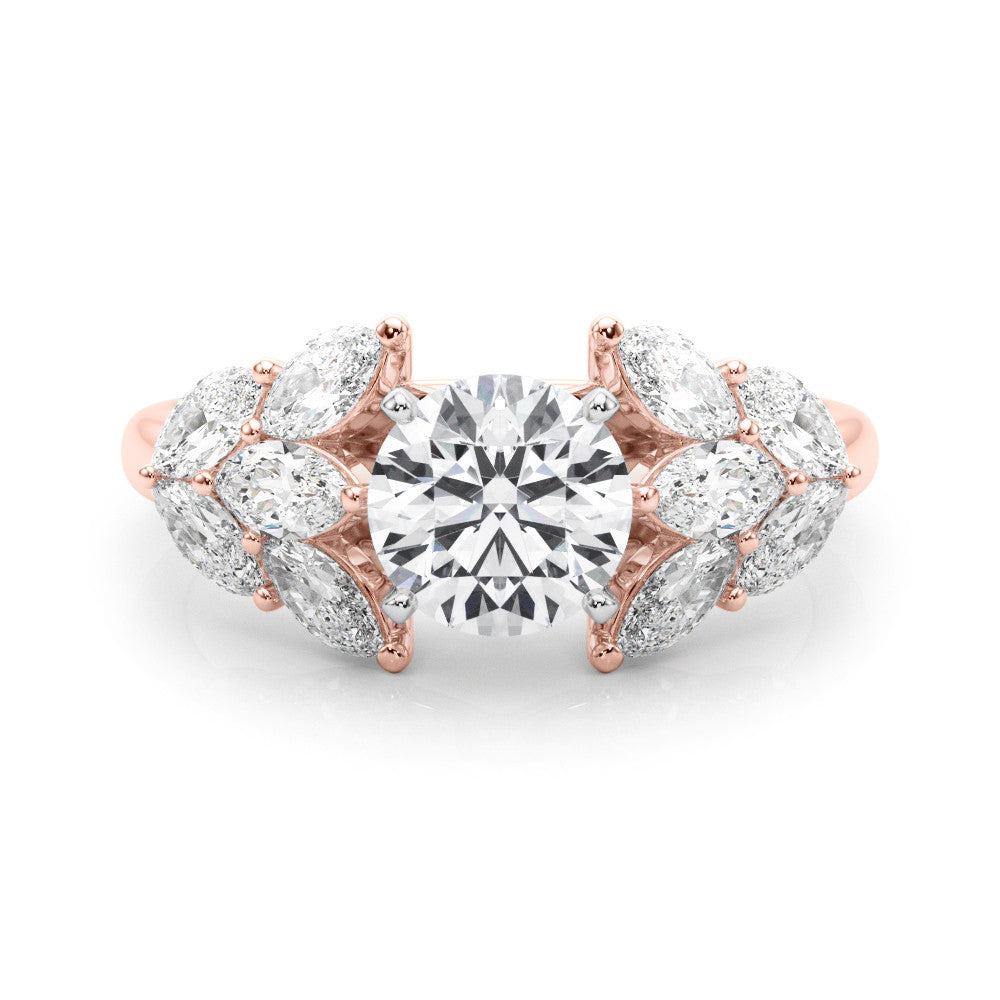 Rose gold Round Diamond Cluster Leaf Design Ring with Prong Setting