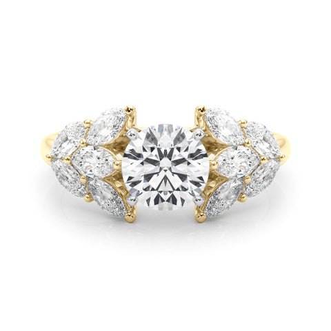 Yellow gold Round Diamond Cluster Leaf Design Ring with Prong Setting