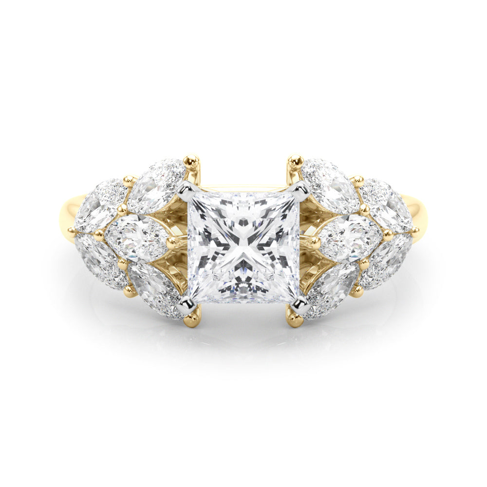 Yellow gold Princess Diamond Cluster Leaf Design Ring with Prong Setting