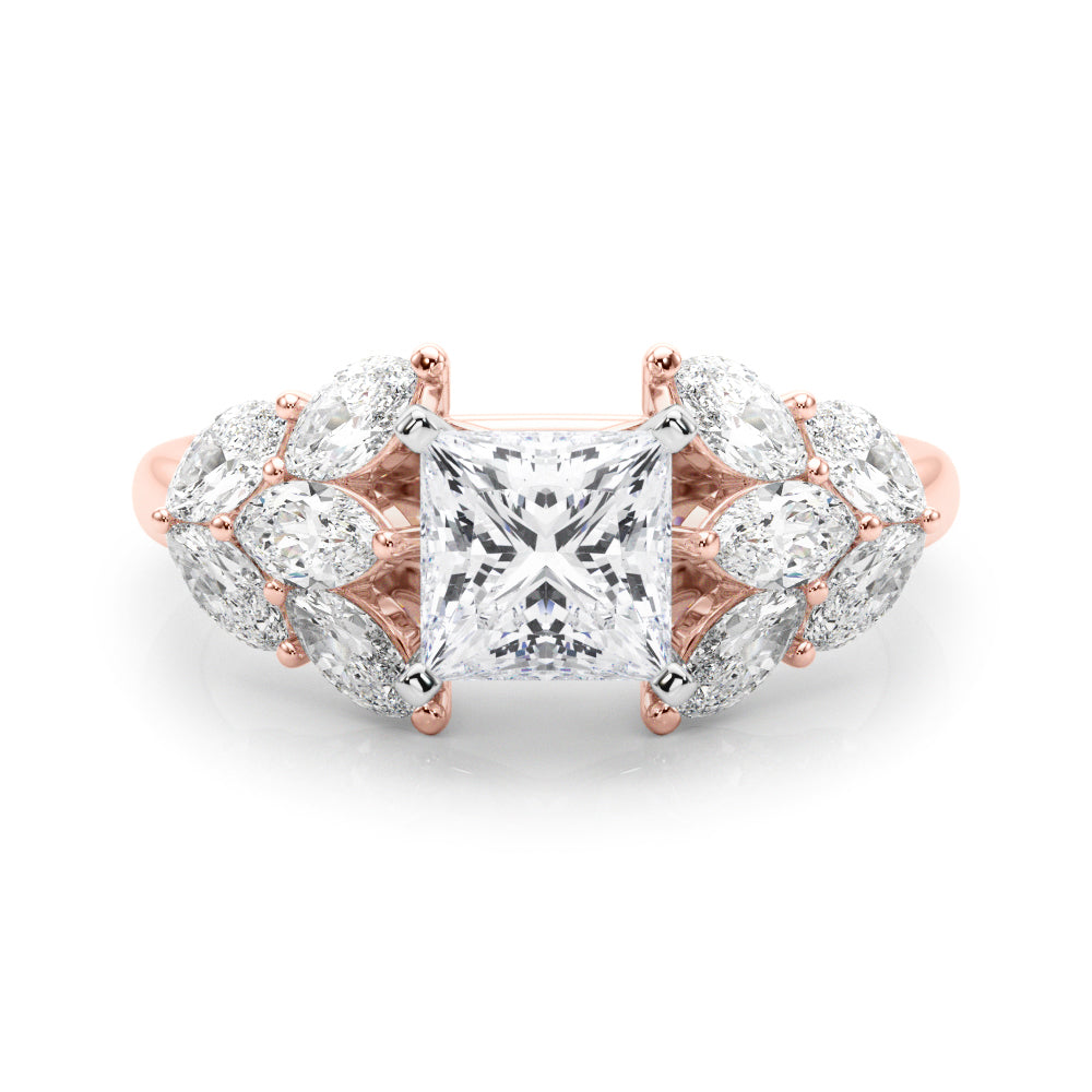 Rose gold Princess Diamond Cluster Leaf Design Ring with Prong Setting
