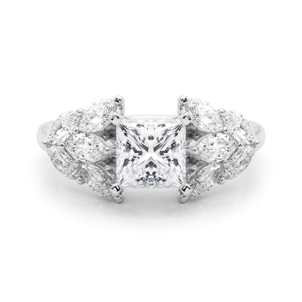 White gold Princess Diamond Cluster Leaf Design Ring with Prong Setting