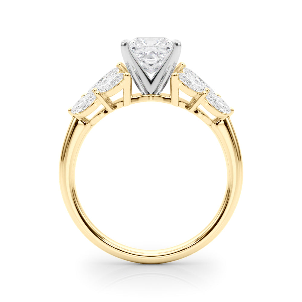 Yellow gold Princess Diamond Cluster Leaf Design Ring with Prong Setting