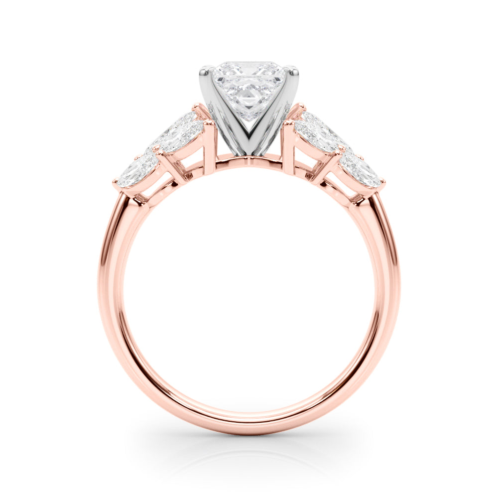 Rose gold Princess Diamond Cluster Leaf Design Ring with Prong Setting