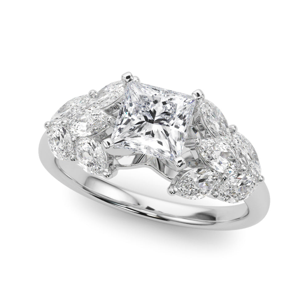 Platinum Princess Diamond Cluster Leaf Design Ring with Prong Setting