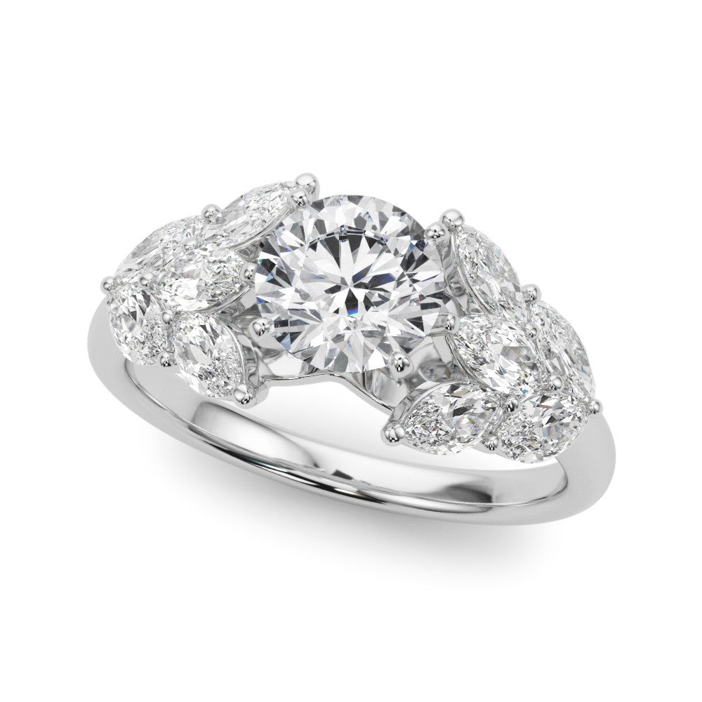Silver Round Diamond Cluster Leaf Design Ring with Prong Setting