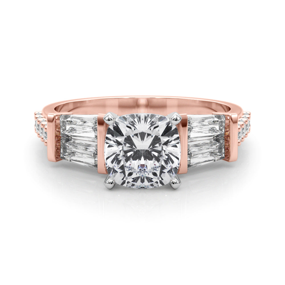 Rose gold Cushion Solitaire Baguette Side Stone Channel Set Engagement Ring
