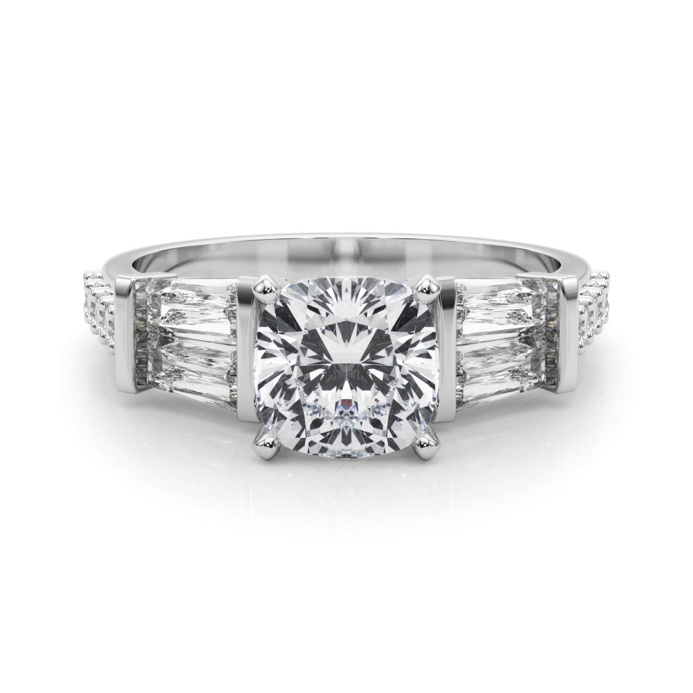 Platinum Cushion Solitaire Baguette Side Stone Channel Set Engagement Ring