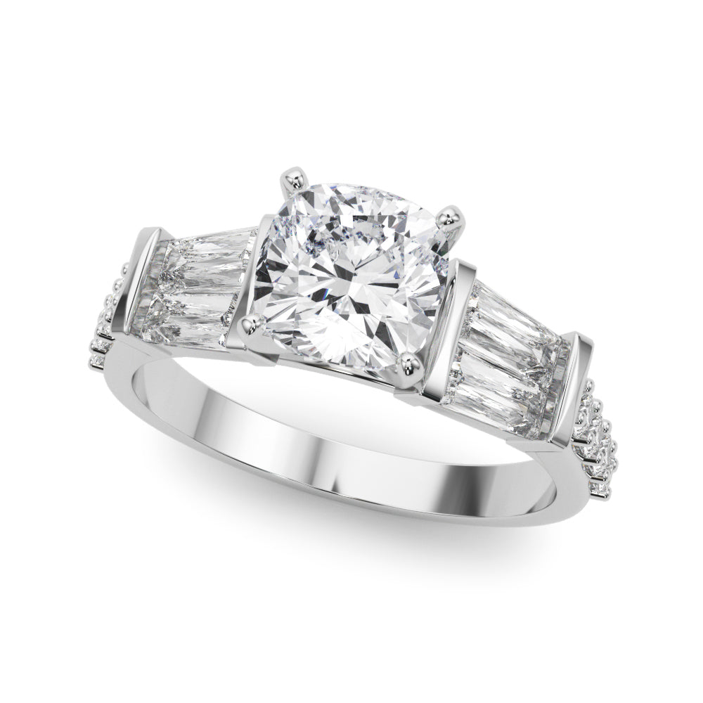Platinum Cushion Solitaire Baguette Side Stone Channel Set Engagement Ring
