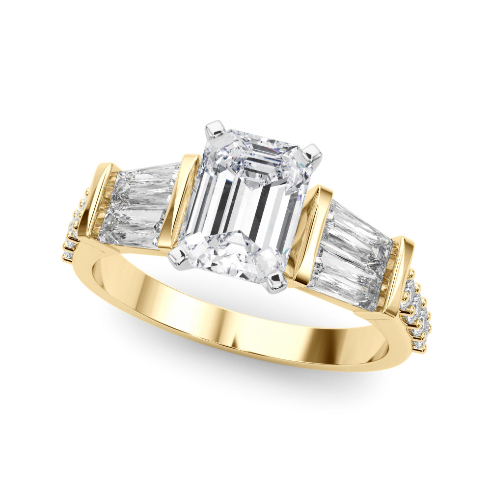 Yellow gold Emerald Solitaire Baguette Side Stone Channel Set Engagement Ring