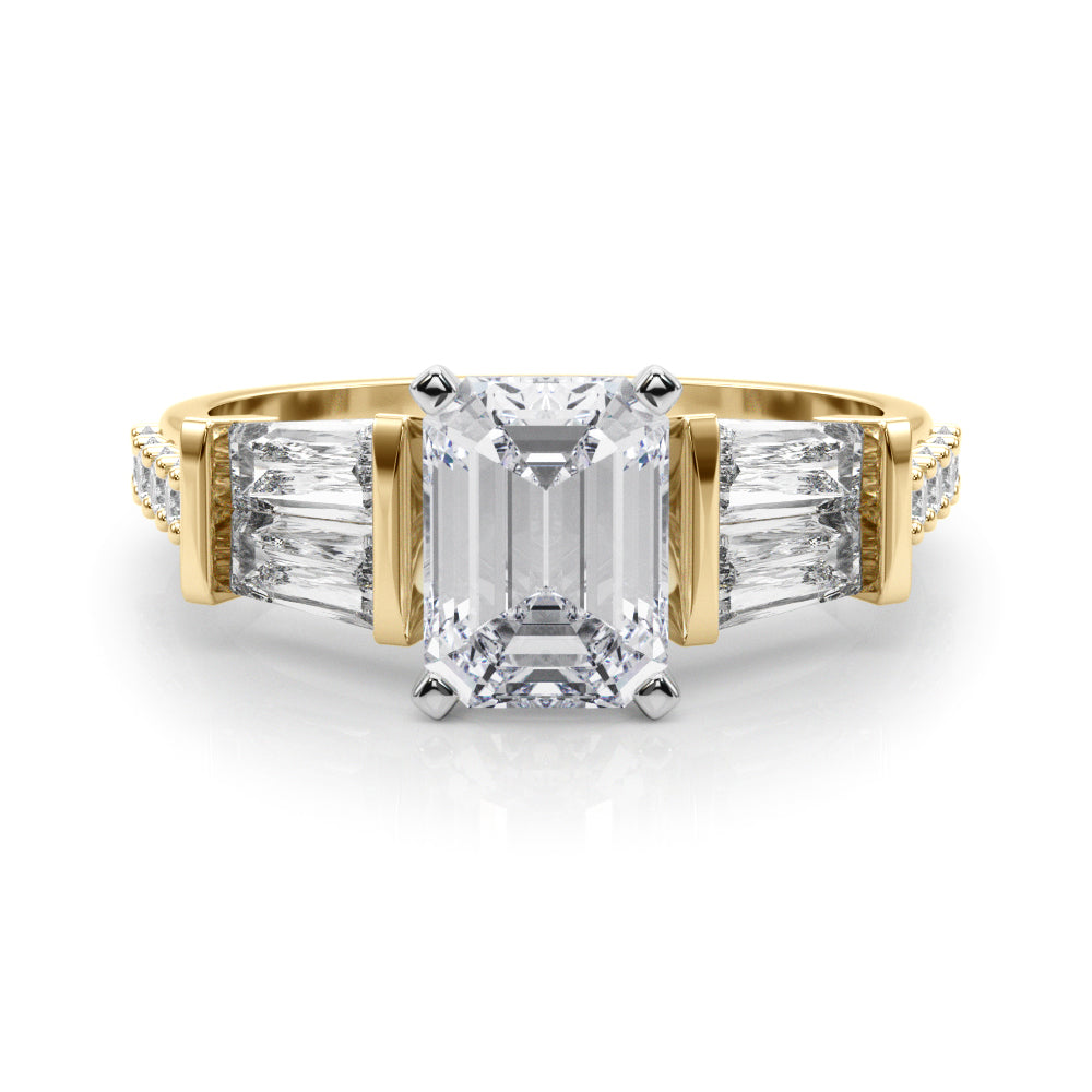 Yellow gold Emerald Solitaire Baguette Side Stone Channel Set Engagement Ring