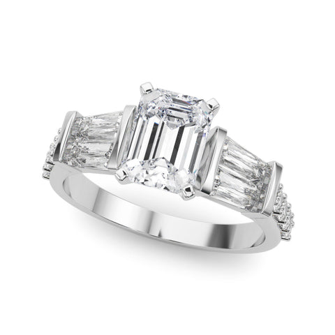 White gold Emerald Solitaire Baguette Side Stone Channel Set Engagement Ring