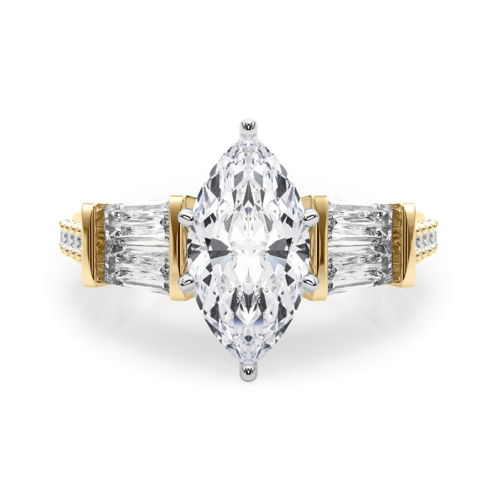 Yellow gold Marquise Solitaire Baguette Side Stone Channel Set Engagement Ring