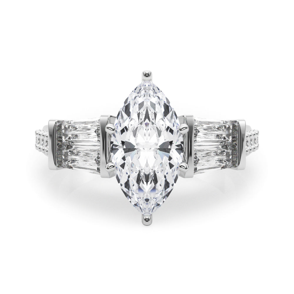 Platinum Marquise Solitaire Baguette Side Stone Channel Set Engagement Ring