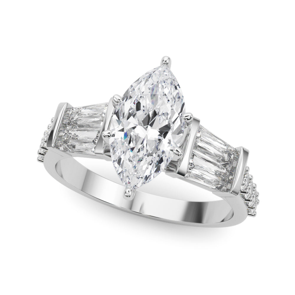 Platinum Marquise Solitaire Baguette Side Stone Channel Set Engagement Ring