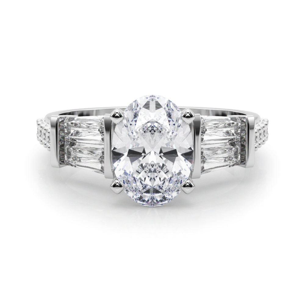 Platinum Oval Solitaire Baguette Side Stone Channel Set Engagement Ring