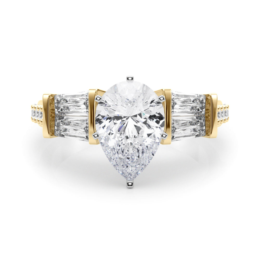Yellow gold Pear Solitaire Baguette Side Stone Channel Set Engagement Ring