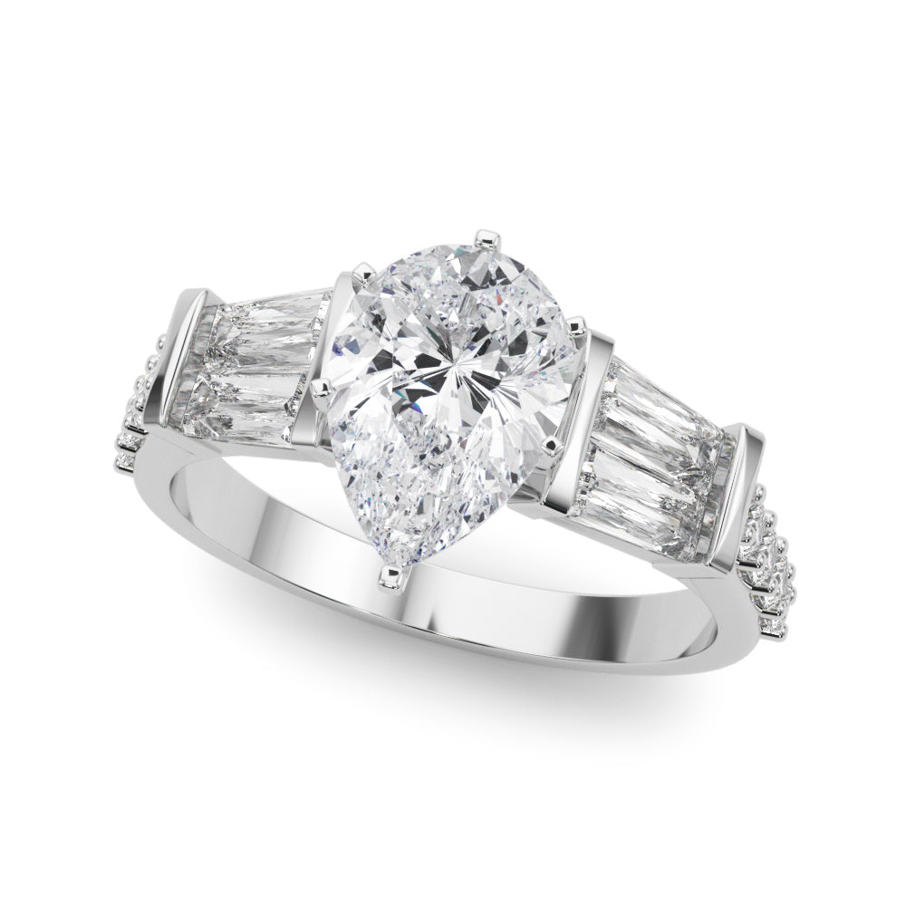 Platinum Pear Solitaire Baguette Side Stone Channel Set Engagement Ring