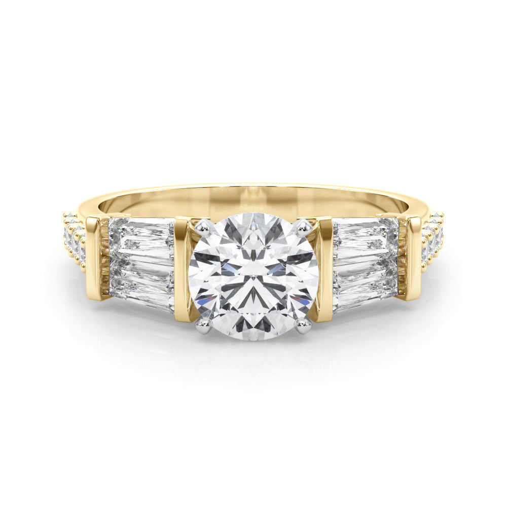 Yellow gold Round Solitaire Baguette Side Stone Channel Set Engagement Ring