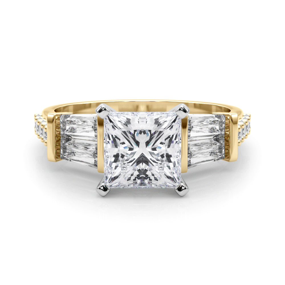 Yellow gold Princess Solitaire Baguette Side Stone Channel Set Engagement Ring