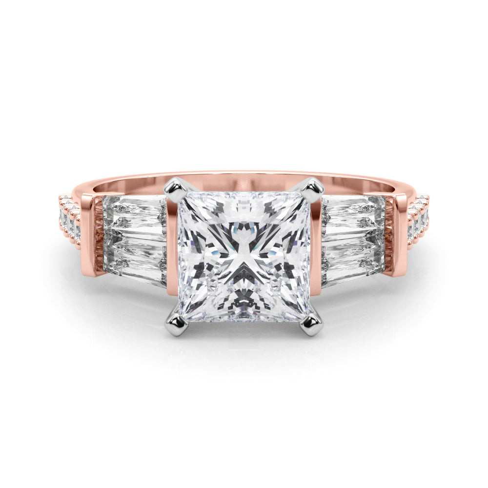 Rose gold Princess Solitaire Baguette Side Stone Channel Set Engagement Ring