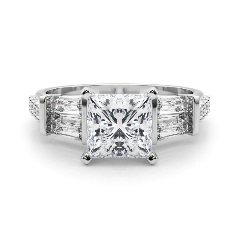 White gold Princess Solitaire Baguette Side Stone Channel Set Engagement Ring