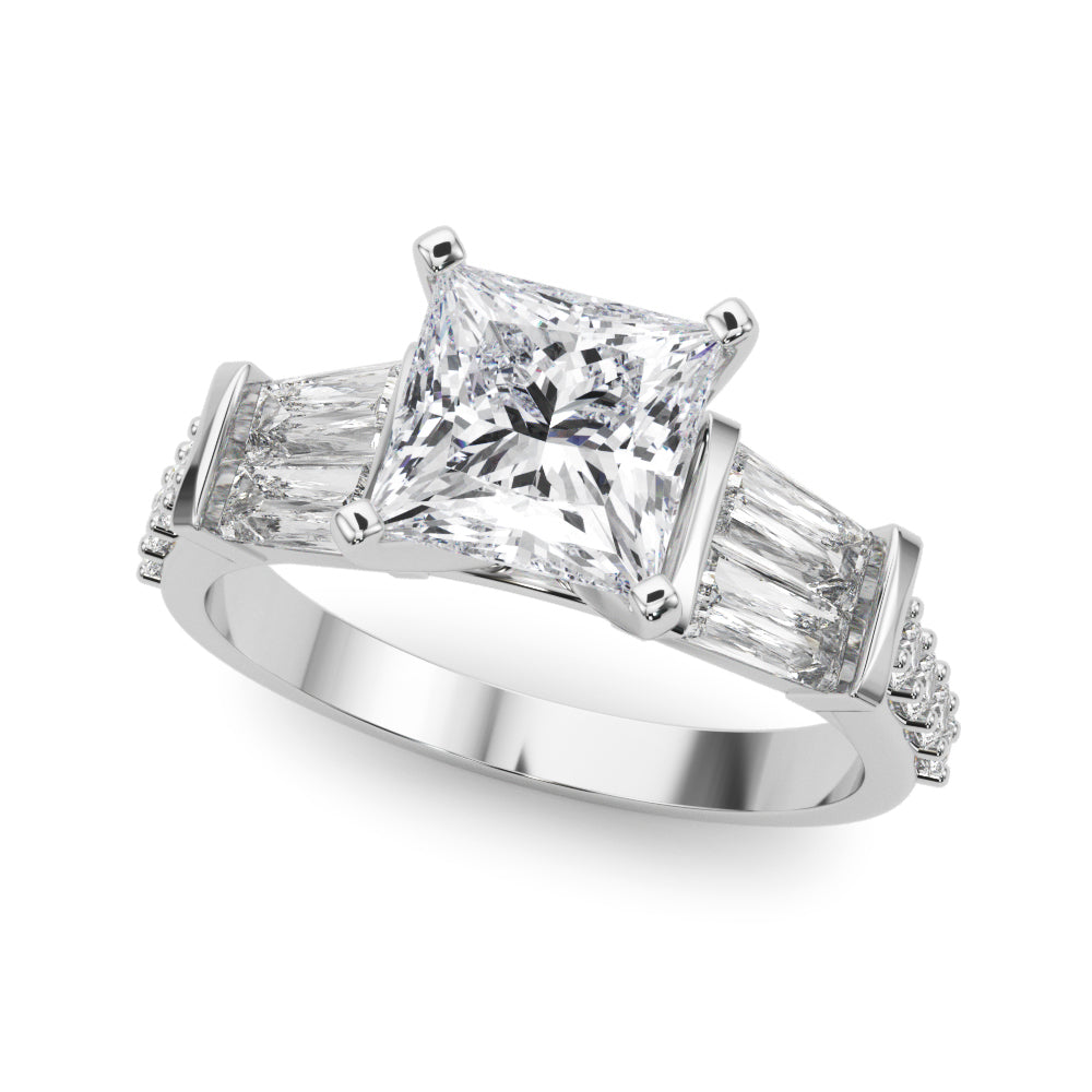 White gold Princess Solitaire Baguette Side Stone Channel Set Engagement Ring