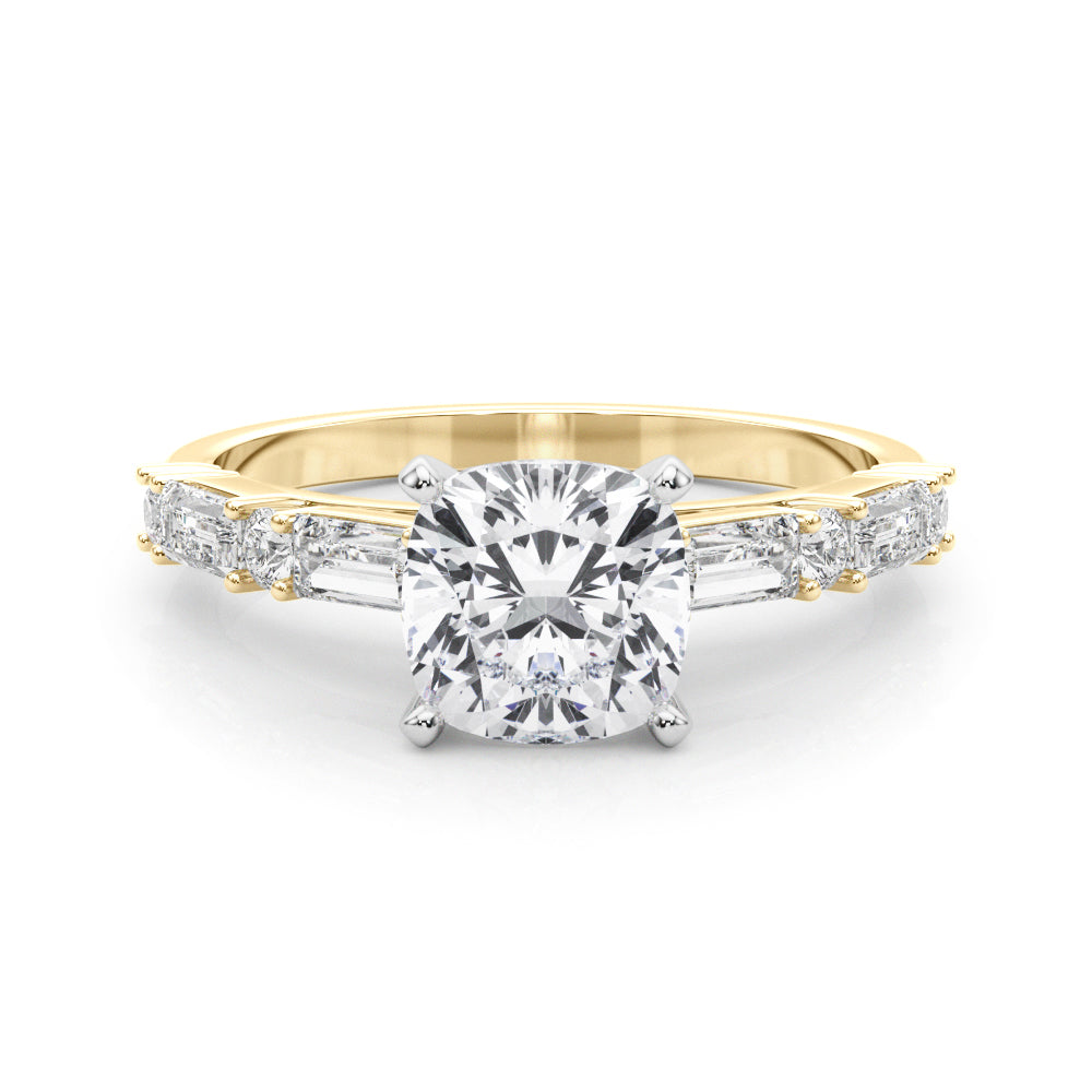 Yellow gold Cushion Solitaire with Side Baguettes and Channel Set Band