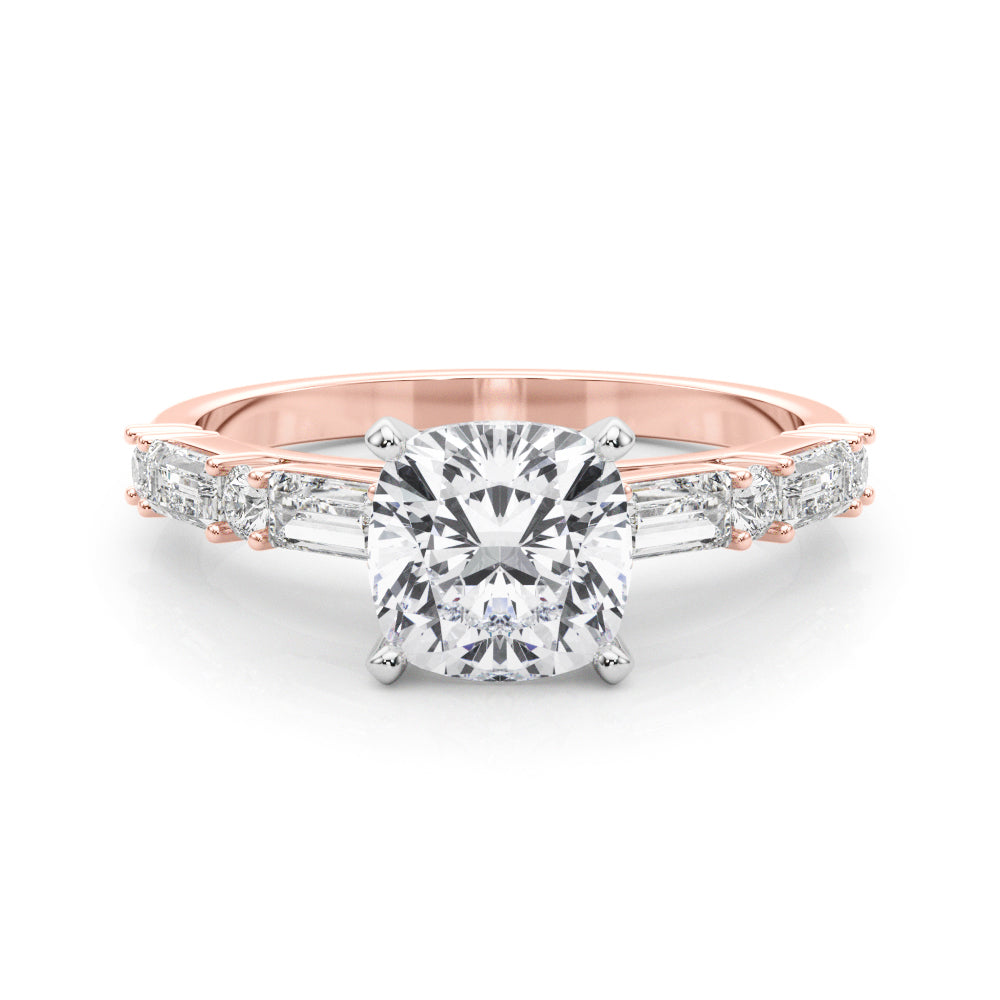 Rose gold Cushion Solitaire with Side Baguettes and Channel Set Band
