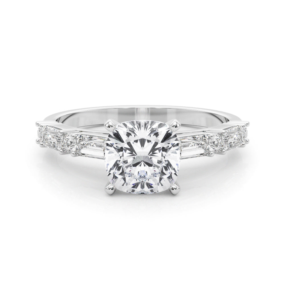 Platinum Cushion Solitaire with Side Baguettes and Channel Set Band