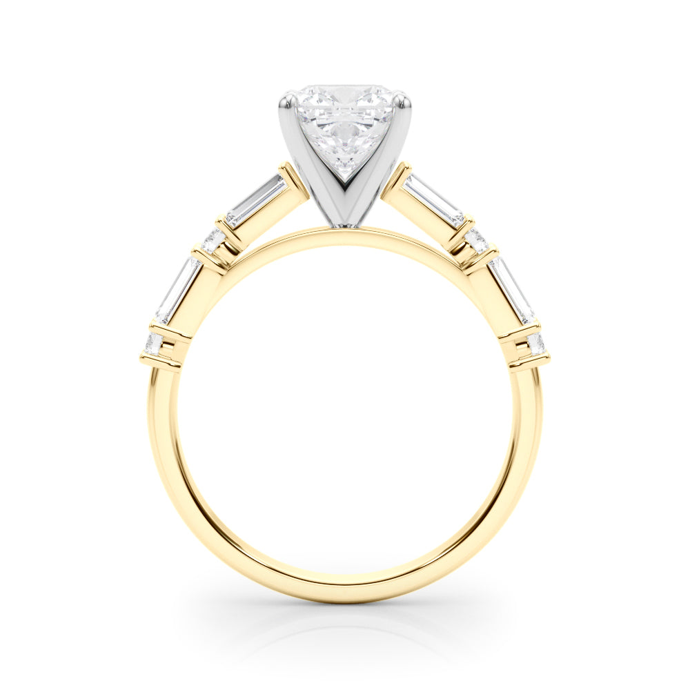 Yellow gold Cushion Solitaire with Side Baguettes and Channel Set Band