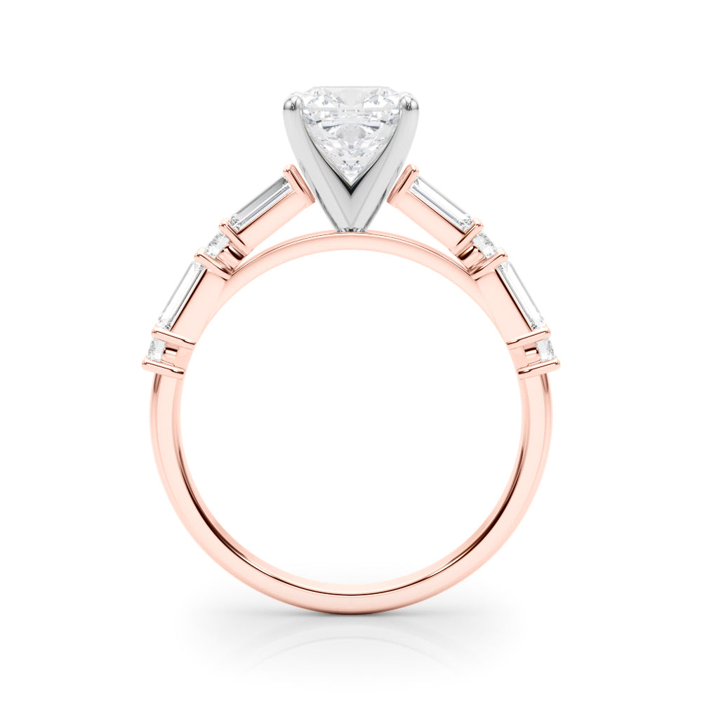 Rose gold Cushion Solitaire with Side Baguettes and Channel Set Band