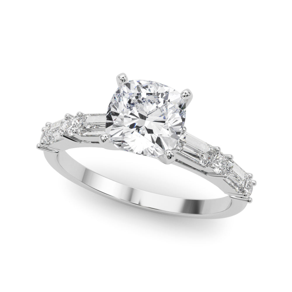 Platinum Cushion Solitaire with Side Baguettes and Channel Set Band