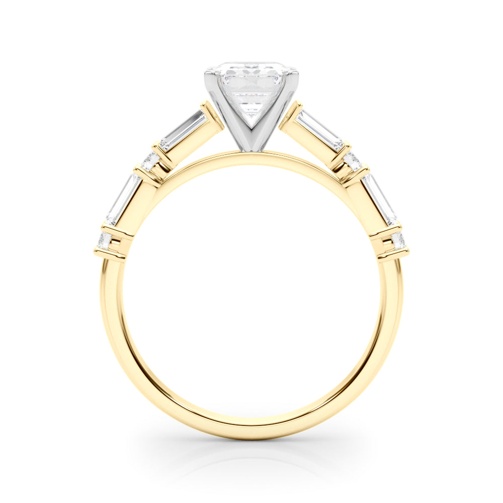 Yellow gold Radiant Solitaire with Side Baguettes and Channel Set Band