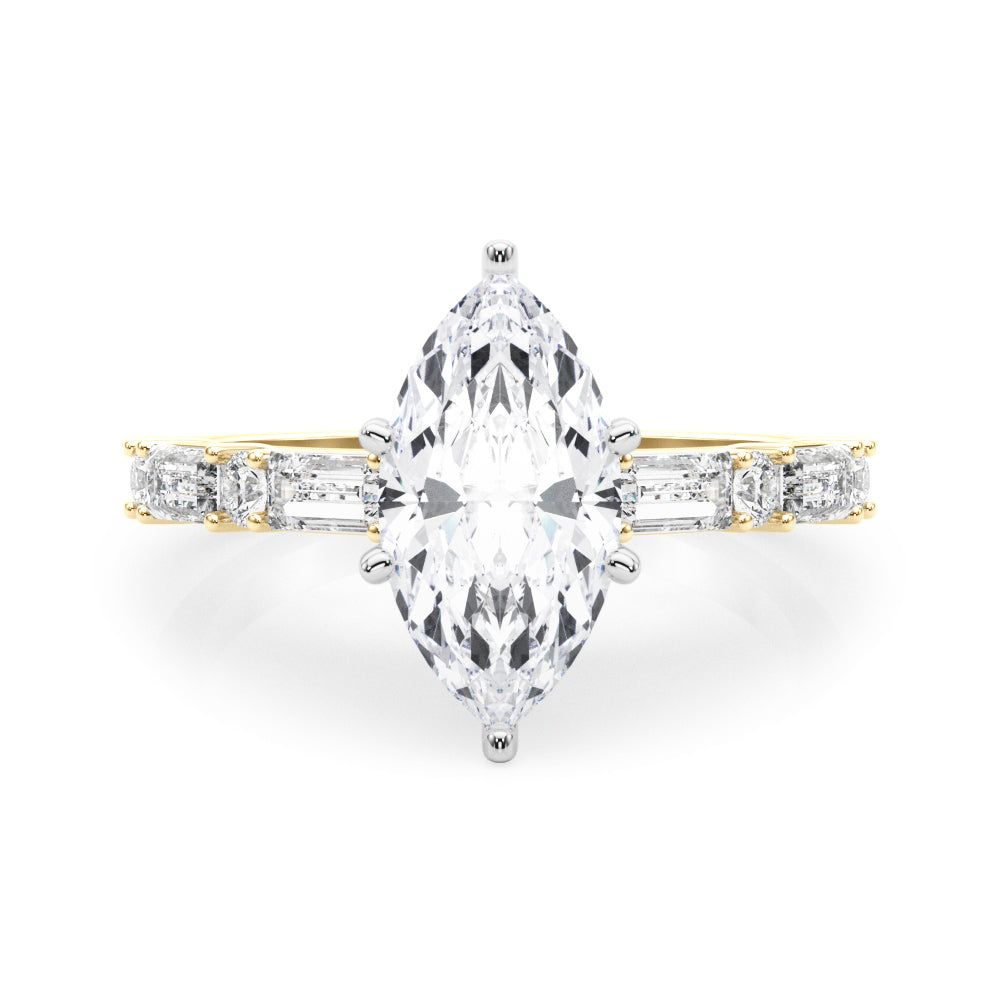 Yellow gold Marquise Solitaire with Side Baguettes and Channel Set Band