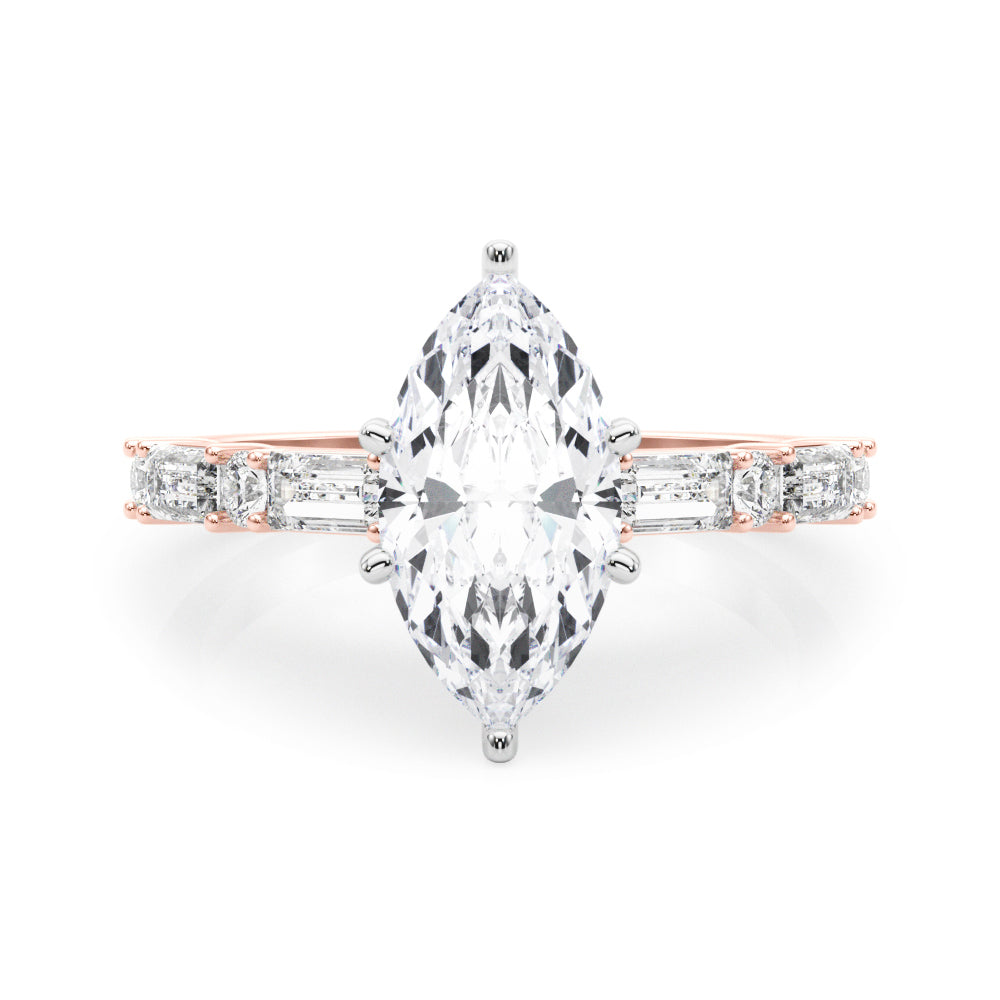 Rose gold Marquise Solitaire with Side Baguettes and Channel Set Band